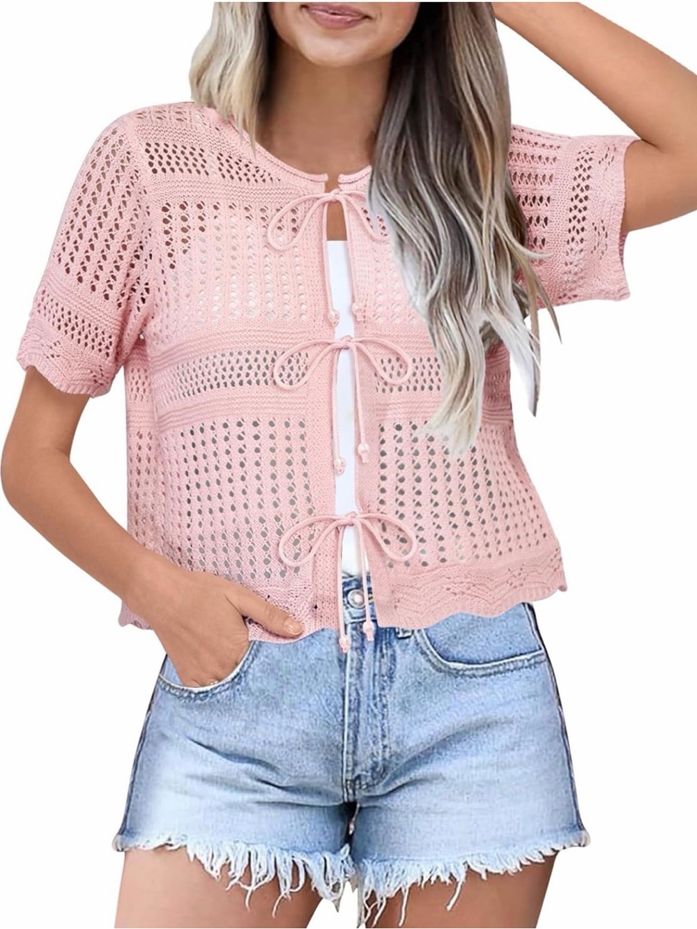 Light Pink Crochet Tie-Front Cardigan